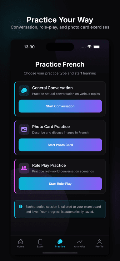 Practice hub with all exam components