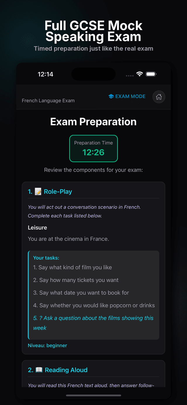 Full GCSE mock speaking exam with timed preparation